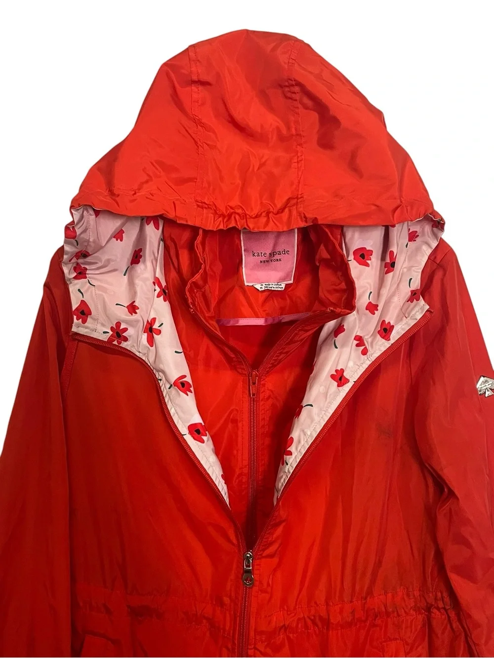 Kate Spade New York | Hooded Red Orange Floral Windbreaker Rain Jacket M